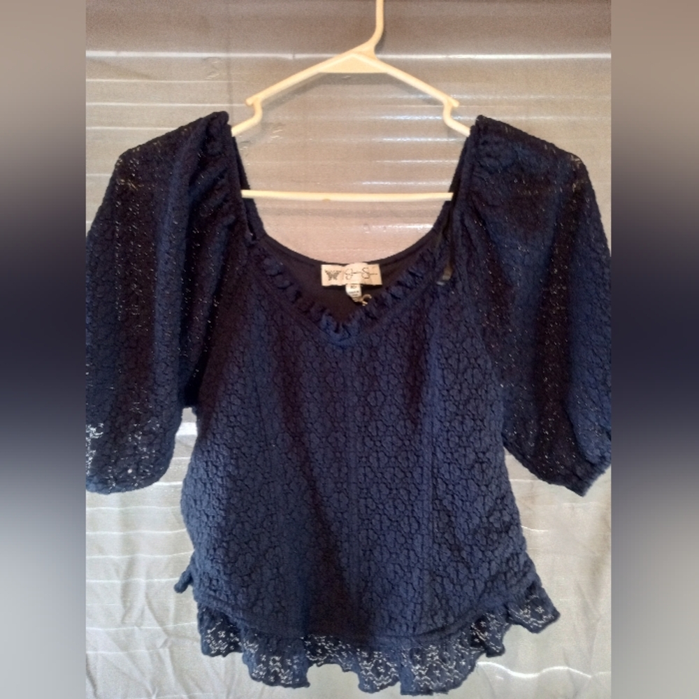Jessica Simpson Navy Lace Puff Sleeve Blouse